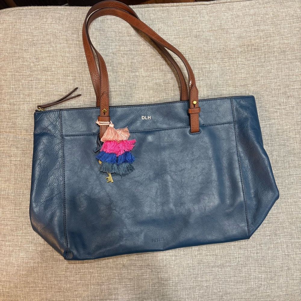 Fossil Blue Leather hand Bag with Tassels